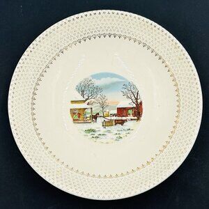 Coronet By Salem 9" Serving Bowl 23k Gold Winter Farm Rare Vintage